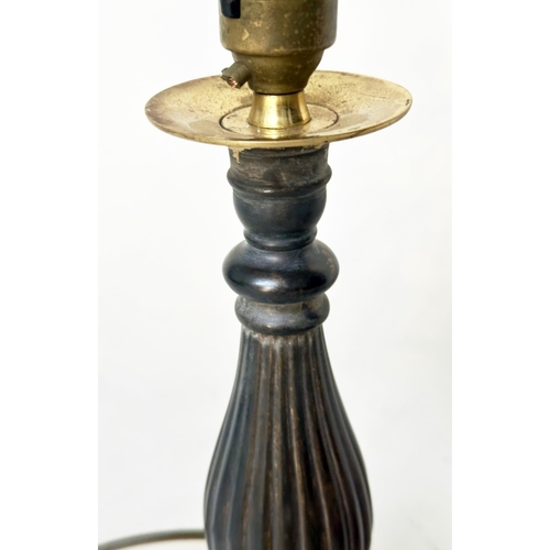 126 - TABLE LAMPS, two patinated brass column form, with shades, 45cm H taller. (2)