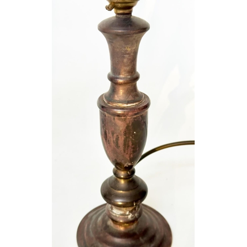 126 - TABLE LAMPS, two patinated brass column form, with shades, 45cm H taller. (2)