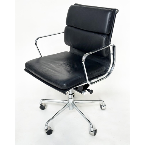 130 - REVOLVING DESK CHAIR, Charles and Ray Eames inspired soft pad black leather, revolving and reclining... 