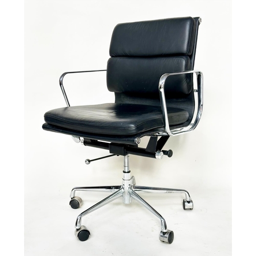 130 - REVOLVING DESK CHAIR, Charles and Ray Eames inspired soft pad black leather, revolving and reclining... 