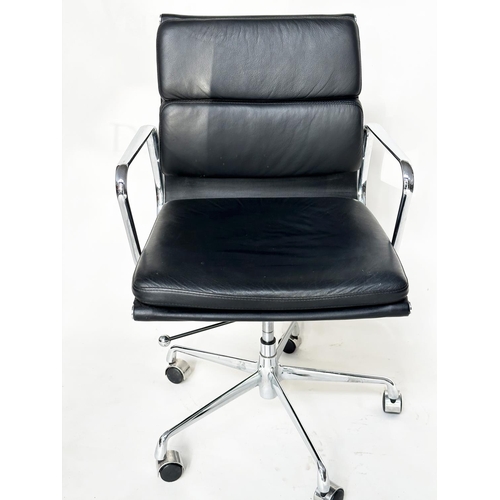 130 - REVOLVING DESK CHAIR, Charles and Ray Eames inspired soft pad black leather, revolving and reclining... 