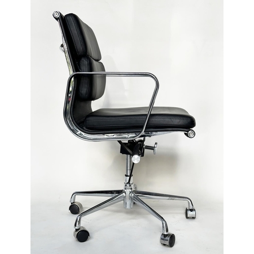 130 - REVOLVING DESK CHAIR, Charles and Ray Eames inspired soft pad black leather, revolving and reclining... 