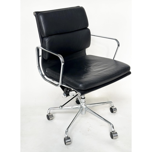 130 - REVOLVING DESK CHAIR, Charles and Ray Eames inspired soft pad black leather, revolving and reclining... 