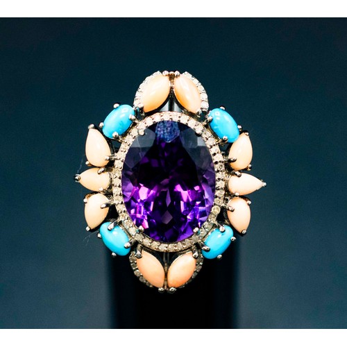 22 - COLOURFUL SILVER RING SET WITH A CENTRAL OVAL AMETHYST SURROUNDED BY DIAMONDS, pink coral and turquo... 