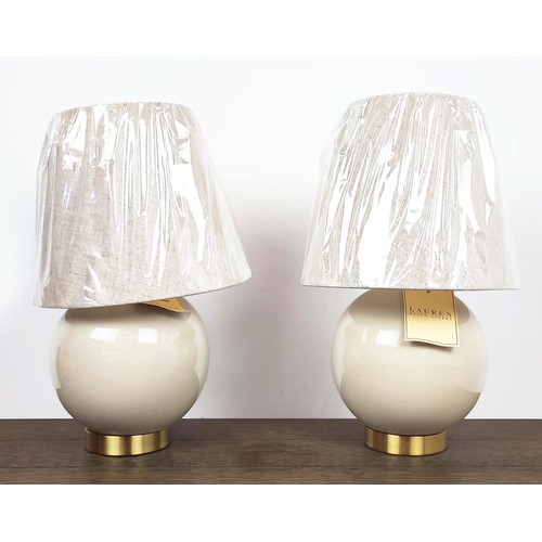 437 - LAUREN RALPH LAUREN HOME TABLE LAMPS, a pair,  glazed ceramic and gilt metal, with shades, 47cm H ap... 