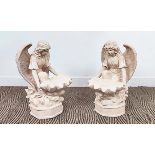 453 - KNELLING ANGELS HOLDING SHELLS, a pair, faux stone. (2)