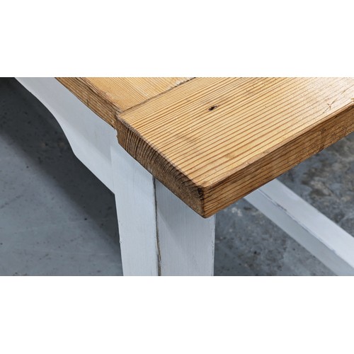 207 - REFECTORY TABLE, natural pine top on white painted legs, 76cm H x 246cm W x 100cm D.