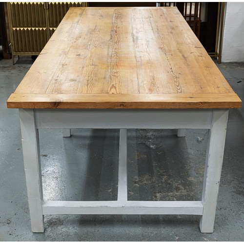 207 - REFECTORY TABLE, natural pine top on white painted legs, 76cm H x 246cm W x 100cm D.