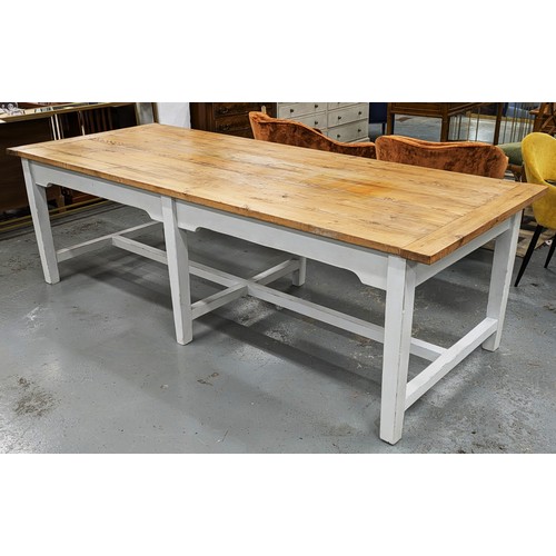 207 - REFECTORY TABLE, natural pine top on white painted legs, 76cm H x 246cm W x 100cm D.