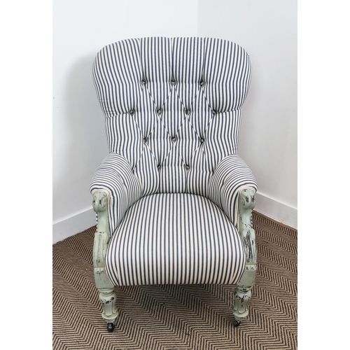 238 - ARMCHAIR, second quarter 19th century and later grey painted with ticking upholstery, 103cm H x 70cm... 