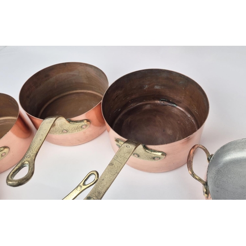 3 - BATTERIE DE CUISINE, French copper, two sets of five graduated sauce pans, a saute pan and a gratin ... 