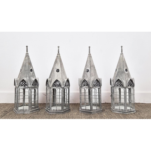 458 - LANTERNS, a set of four, in the form of gothic style towers, 60cm H. (4)