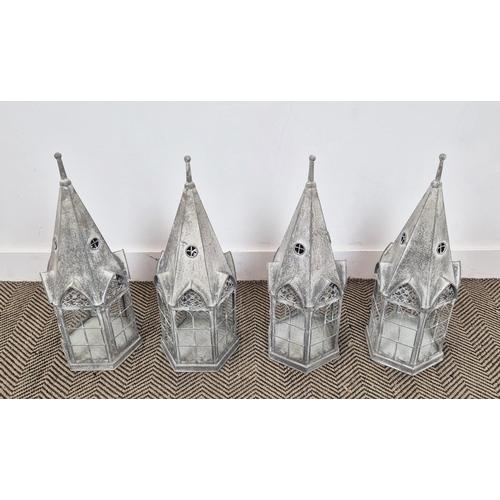 458 - LANTERNS, a set of four, in the form of gothic style towers, 60cm H. (4)