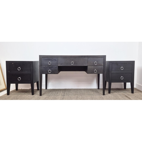 471 - DRESSING TABLE, contemporary ebonised, 76cm H x 125cm x 55cm, together with a pair of matching bedsi... 