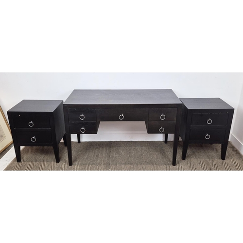 471 - DRESSING TABLE, contemporary ebonised, 76cm H x 125cm x 55cm, together with a pair of matching bedsi... 