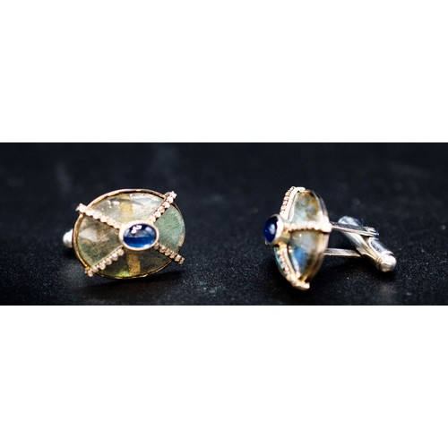 23 - PAIR OF LARGE OVAL CUFFLINKS SET with labradorite, sapphires and diamonds, boxed, oval labradorites ... 