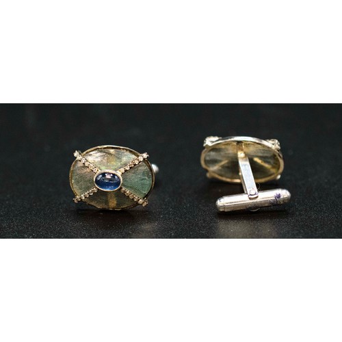 23 - PAIR OF LARGE OVAL CUFFLINKS SET with labradorite, sapphires and diamonds, boxed, oval labradorites ... 