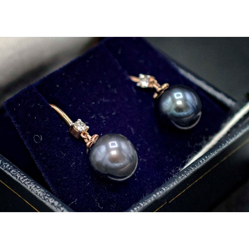 31 - PAIR OF 9CT ROSE GOLD IRIDESCENT DARK PEARL AND DIAMOND DROPLET EARRINGS, boxed, RBC diamonds 0.10ct... 