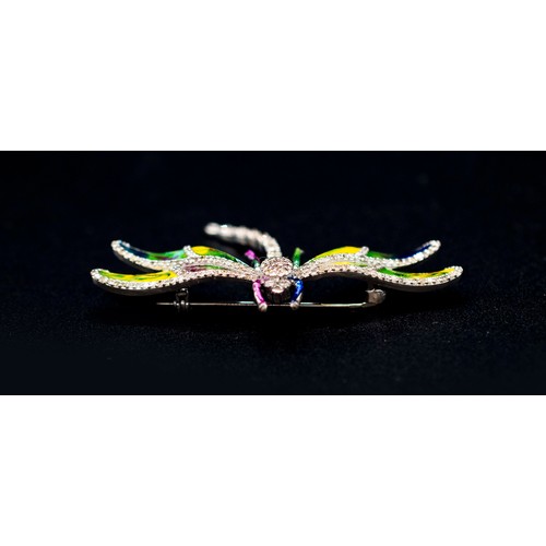 32 - SILVER DRAGONFLY COMBINED BROOCH AND PENDANT SET with diamonds and inlaid with enamel in colours of ... 