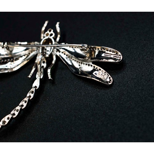 32 - SILVER DRAGONFLY COMBINED BROOCH AND PENDANT SET with diamonds and inlaid with enamel in colours of ... 