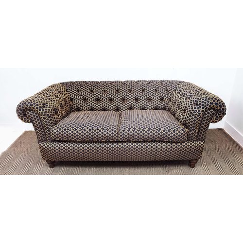 143 - CHESTERFIELD SOFA, patterned upholstery with two seat cushions on turned feet, 75cm H x 185cm W x 10... 