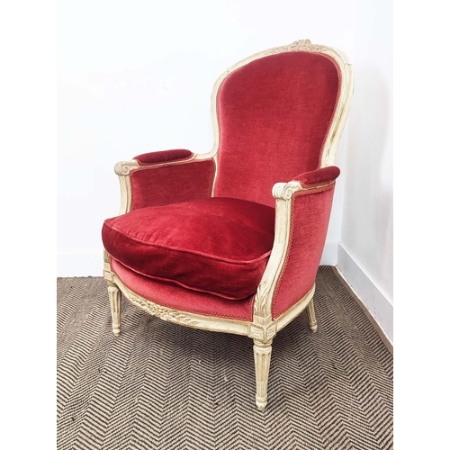 138 - BERGERE, early 20th century French painted with red plush and check upholstery, 100cm H x 70cm W x 8... 