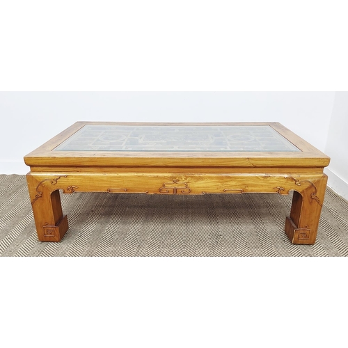 139 - LOW TABLE, Chinese elm with fretwork panel and inset glass top, 52cm H x 154cm W x 80cm D.