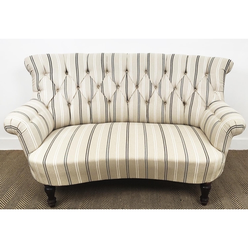 140 - SOFA, 19th century in new striped taupe upholstery, 94cm H x 151cm W x 86cm D.