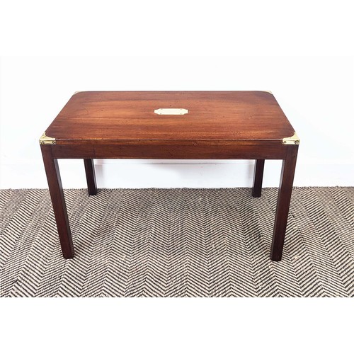 124 - LOW TABLE, campaign style mahogany and brass bound with plaque and square section supports, 76cm W x... 