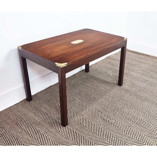 124 - LOW TABLE, campaign style mahogany and brass bound with plaque and square section supports, 76cm W x... 