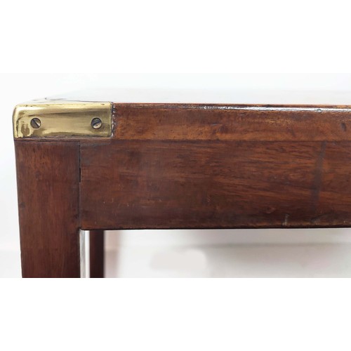 124 - LOW TABLE, campaign style mahogany and brass bound with plaque and square section supports, 76cm W x... 