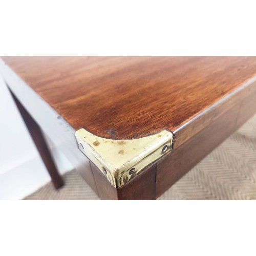 124 - LOW TABLE, campaign style mahogany and brass bound with plaque and square section supports, 76cm W x... 