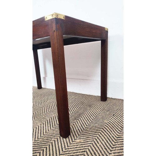 124 - LOW TABLE, campaign style mahogany and brass bound with plaque and square section supports, 76cm W x... 