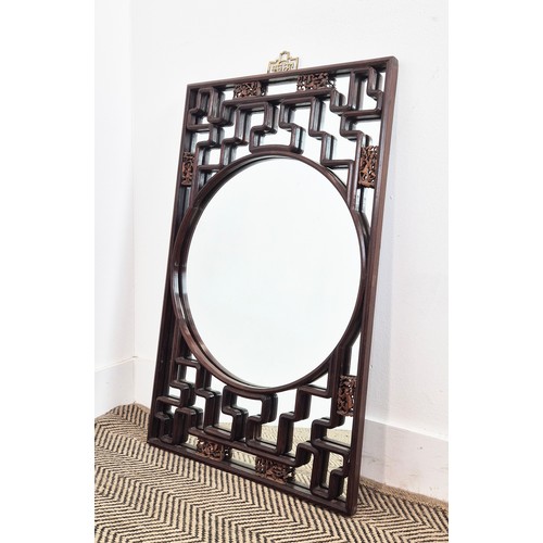 106 - CHINESE WALL MIRROR, 19th century rectangular carved and pierced hardwood, 80cm H x 49cm W.