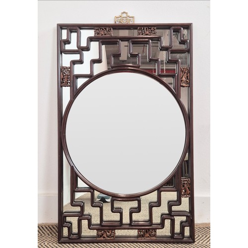 106 - CHINESE WALL MIRROR, 19th century rectangular carved and pierced hardwood, 80cm H x 49cm W.