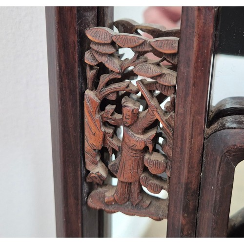 106 - CHINESE WALL MIRROR, 19th century rectangular carved and pierced hardwood, 80cm H x 49cm W.