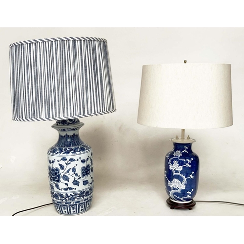 170 - TABLE LAMPS, two, comprising a Chinese blue and white ceramic vase form with striped shade and a vas... 