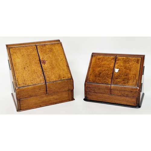 162 - STATIONERY BOXES, Victorian burr walnut with sloping two door front, fitted interior and blind botto... 