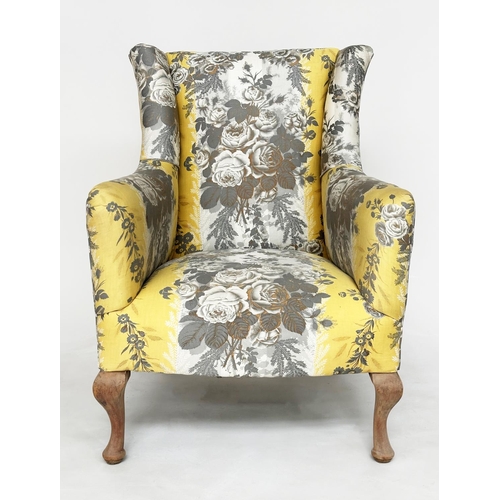 157 - ARMCHAIR, early 20th century with yellow and grey printed cotton upholstery, 58cm W.