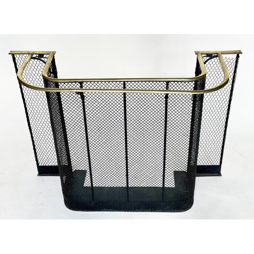 160 - NURSERY FENDER, Victorian wrought iron, mesh and brass bound with additional brass rail and of stepp... 