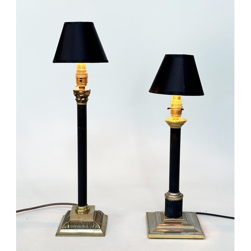 150 - COLUMN TABLE LAMPS, neo classical style black fluted column, Corinthian-capped and stepped base toge... 