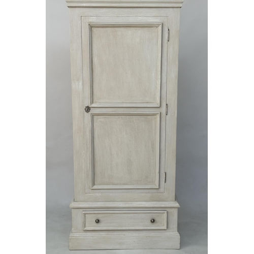 152 - ARMOIRE, French style grey painted with single panelled door enclosing hanging space above a full wi... 