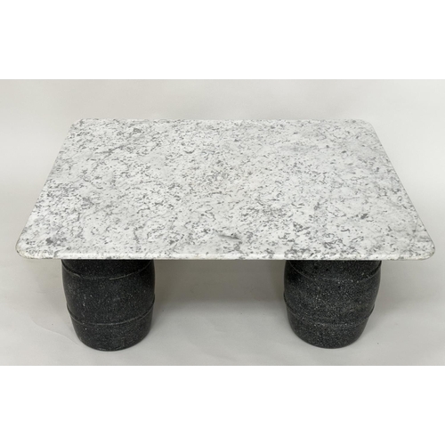 153 - LOW TABLE, variegated Carrara marble top, with four barrel form supports, 87cm D x 105cm W x 40cm H.