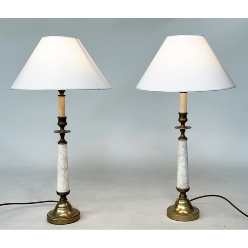 360 - TABLE LAMPS, a pair, gilt metal each with graduated figured marble column, and stepped base (with sh... 