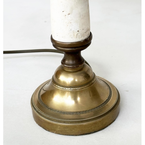 360 - TABLE LAMPS, a pair, gilt metal each with graduated figured marble column, and stepped base (with sh... 