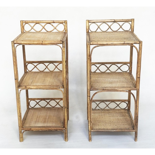 361 - BAMBOO LAMP TABLES, a vintage pair, wicker panelled and cane bound each with three shelves, 30cm x 3... 