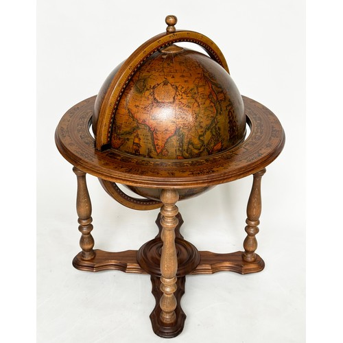 362 - GLOBE COCKTAIL CABINET, in the form of an antique terrestrial globe on stand with rising lid and fit... 