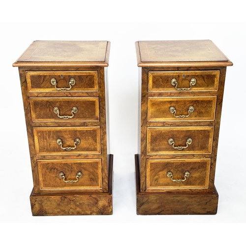 366 - BEDSIDE CHESTS, a pair, George III design burr walnut and crossbanded each with four graduated drawe... 