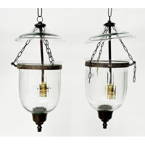 375 - BELL JAR HALL LANTERNS, a pair, with reeded glass jars and bronze style mounts, 64cm H. (2)