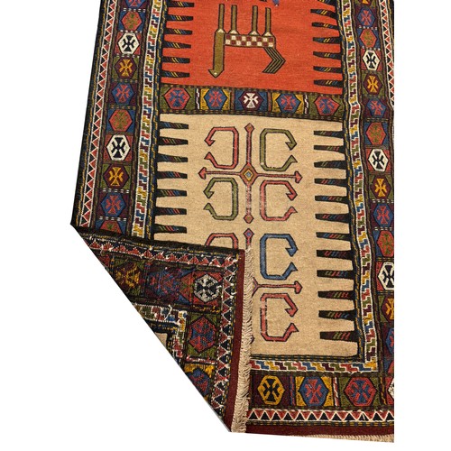 85 - VINTAGE PERSIAN TRIBAL SUMAK RUNNER, 410cm x 95cm.